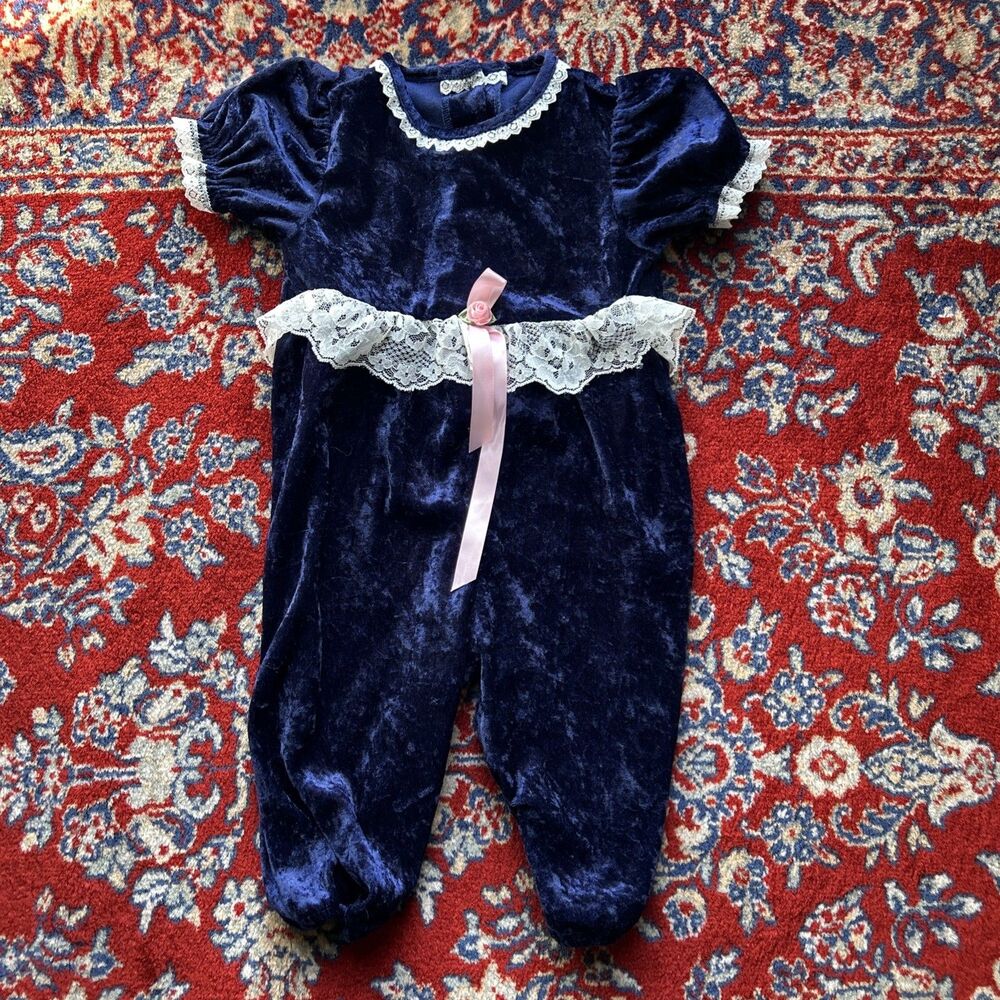 Vintage Violet Rose Blue Velvet Romper One Piece Baby Girl 12 Months